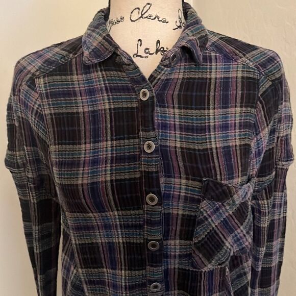 Free People Plaid Design Distressed Long Sleeve Top Casual Raw Hem Detailed Boho - Picture 4 of 11